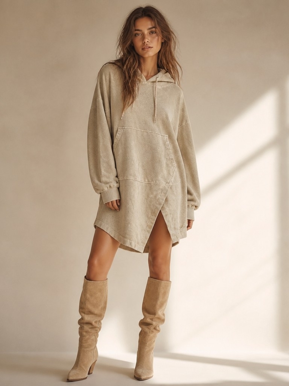 Avec Les Filles Green Oversized Hoodie Tunic Sweatshirt Front Slit Size Medium